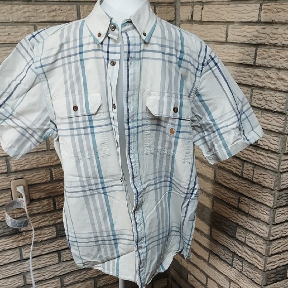 Carhartt Men's Plaid Short Sleeve Shirt - Blue and White M